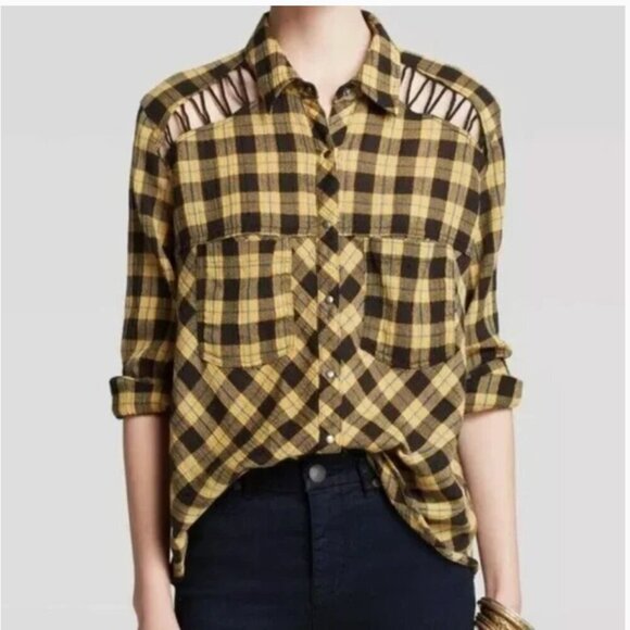 Free People Gauzy Plaid Lace-Up Button Down Shirt Size Large - Picture 2 of 12